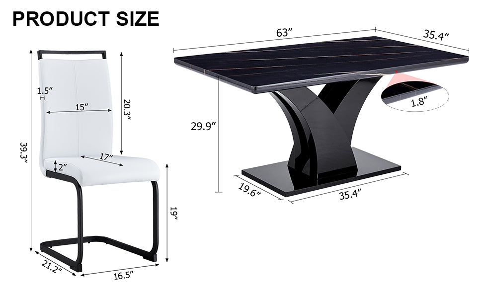 Table And Chair Set, Modern Dining Table, Black Tabletop And Black Mdf Leg Table, Soft And Comfortable Dining Chair, Perfect For Dinner, Meetings, Home And Office Decor White Black Mdf