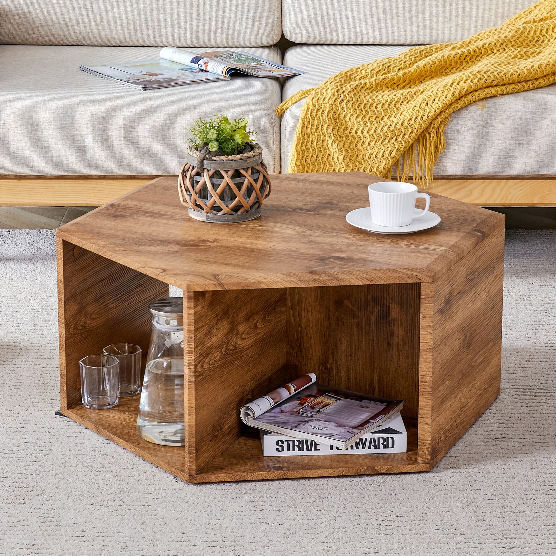 Hexagonal Mdf Coffee Table, Characteristic Pattern Stickers, Multi Hole Design To Give More Storage Space, Simple And Convenient Design Makes It Suitable For All Kinds Of Style Scenes. Wood Mdf