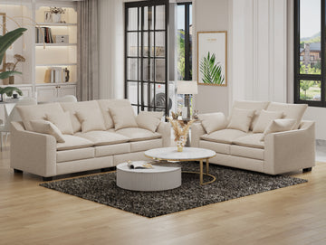 2 Pieces Sofa Couch 3 Seater And Loveseat With Pillows Polyester Upholstered Duck Down Filled Cushion Sofa Set For Living Room Apartment,Beige Beige Polyester Wood Primary Living Space Soft Cushion Back Foam Polyester 5 Seat