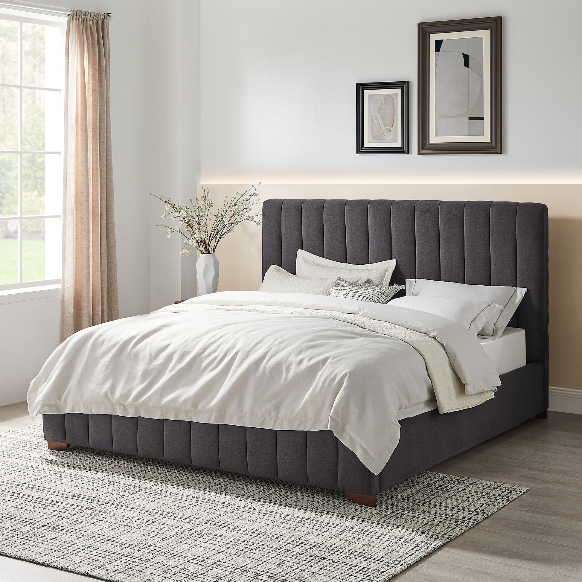 King Size Modern Design Bed Frame Upholstered Queen Bed Frame Platform With Headboard Fabric Headboard Wooden Slats Support, No Box Spring Needed,Mattress Foundation,Dark Grey King Dark Grey Fabric