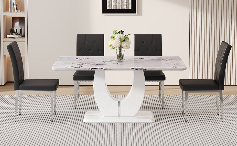 Table And Chair Set, Modern Minimalist White Marble Textured Rectangular Dining Table. Suitable For Restaurants And Living Rooms. Soft Cushion Seats.F 1280 White Mdf