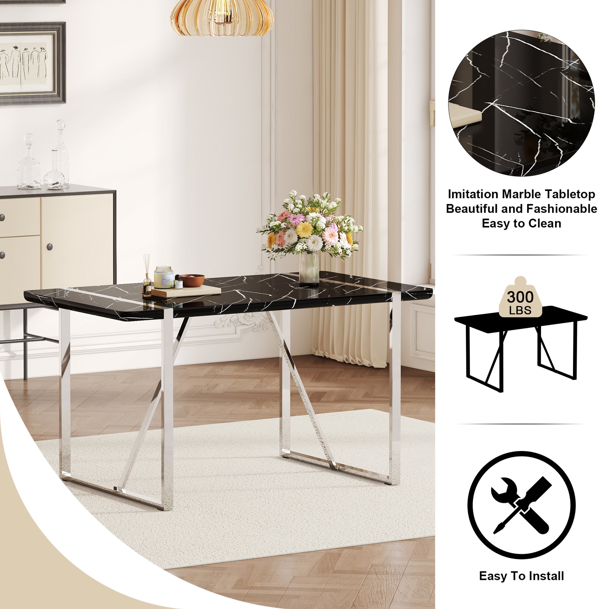 Table And Chair Set.A Rustic Industrial Rectangular Mdf Black Dining Table With Mdf Desktop And Electroplated Silver Metal Legs.Paried With 4 Chairs With Pu Cushion And Metal Legs. Black,Dark Gray,Silver Seats 4 Mdf Metal