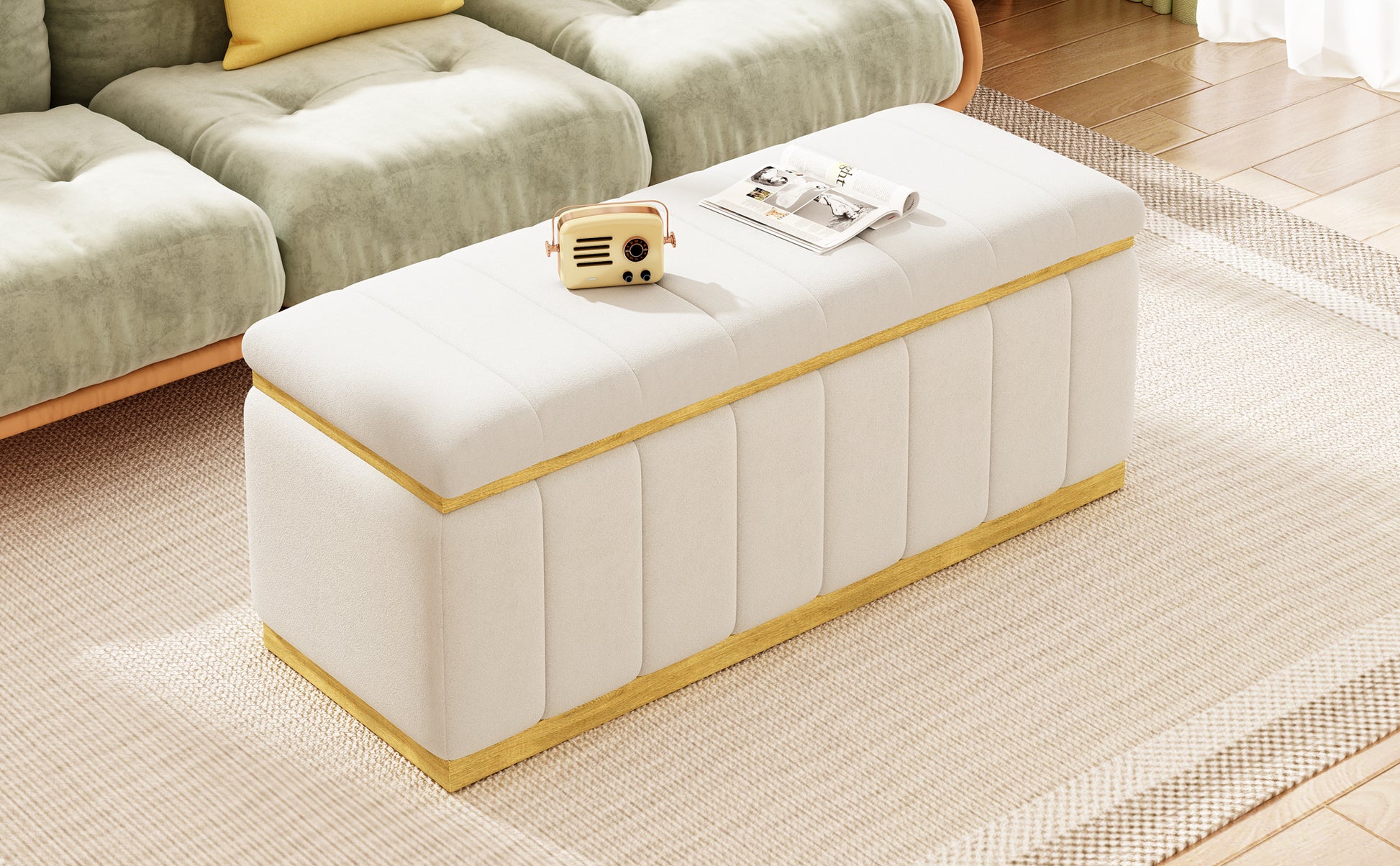 Linen Fabric Upholstered Solid Wood Frame Bench With Large Storage Space For The Living Room, Entryway And Bedroom,Beige, 40''X16''X17'' Beige Wood Oak Rectangle Internal Storage Fabric