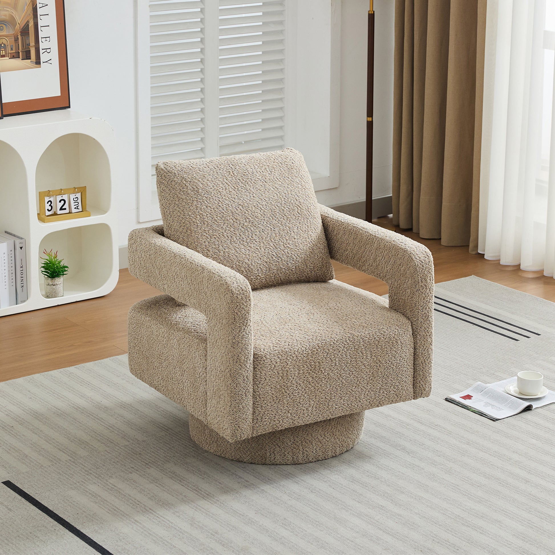 29.13" W Square Swivel Accent Chair, Modern Rotating Arm Chair With Open Back,360 Degree Rotation, Lounge Club Chair With Removable Back Cushion For Living Room, Hotel, Bed Room,Taupe Taupe Boucle