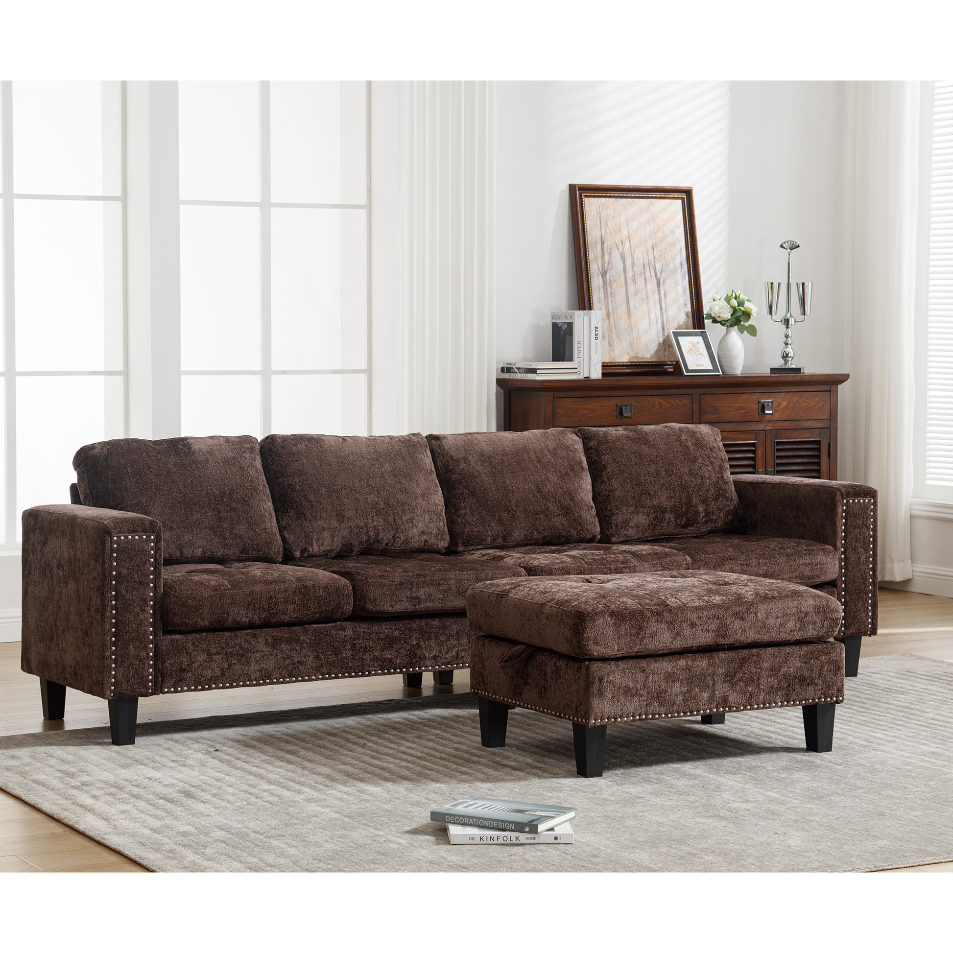 Arrived 5 Seat Modular Sofa,With Storage Ottoman, Convertible Sectional Sofa, L Shaped Couchreversible Chaise ,Riveted Sofa,Chenille, Brown Brown Polyester Wood Primary Living Space Medium Soft Cushion Back Modern Square Arms Foam Metal & Wood 5 Seat