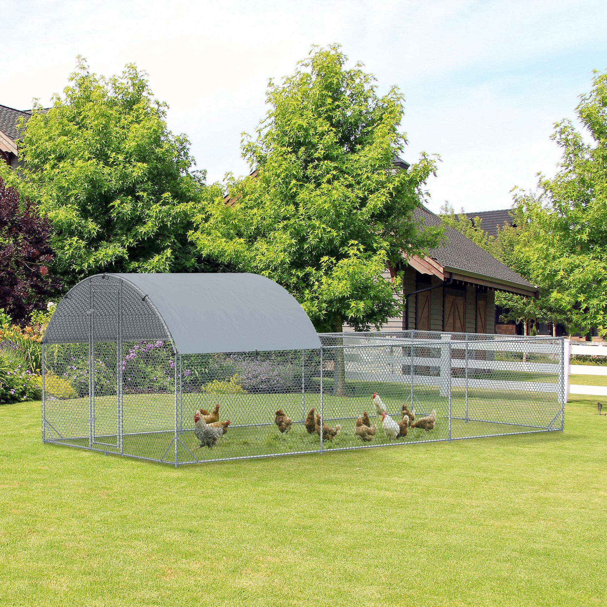 Pawhut Large Chicken Coop Metal Chicken Run For Chickens With Waterproof And Anti Uv Cover, Dome Shaped Walk In Fence Cage Hen House For Outdoor And Yard Farm Use, 1" Dia, 9.2' X 18.7' X 6.4' Silver Steel