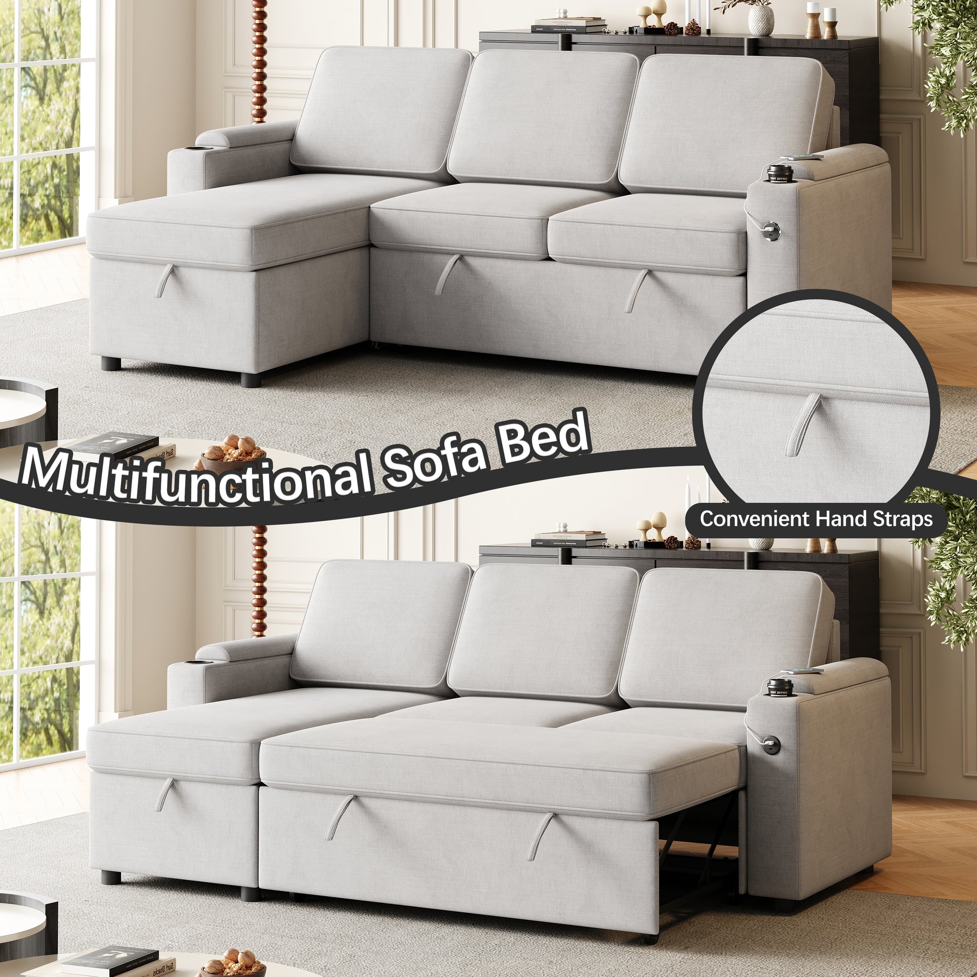 Mh85.8" Sleeper Sofa, Sofa Bed 2 In 1 Pull Out Sofa Bed With Storage Sofa, Sofa Sleeper With Pull Out Bed With Charging Port Light Grey Polyester Primary Living Space Eucalyptus Polyester Fabric 3