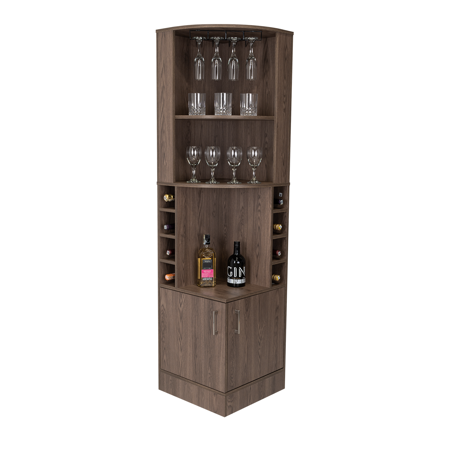 Syrah Corner Bar Cabinet, Two External Shelves Brown Primary Living Space Modern Shelves Included Particle Board