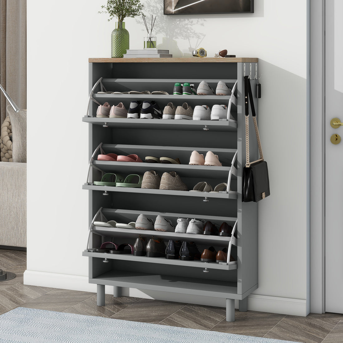 Narrow Design Shoe Cabinet With 3 Flip Drawers, Wood Grain Pattern Top Entryway Organizer With 3 Hooks, Free Standing Shoe Rack With Adjustable Panel For Hallway, Grey Freestanding 3 4 Drawers Grey Primary Living Space Shelves Included Particle Board