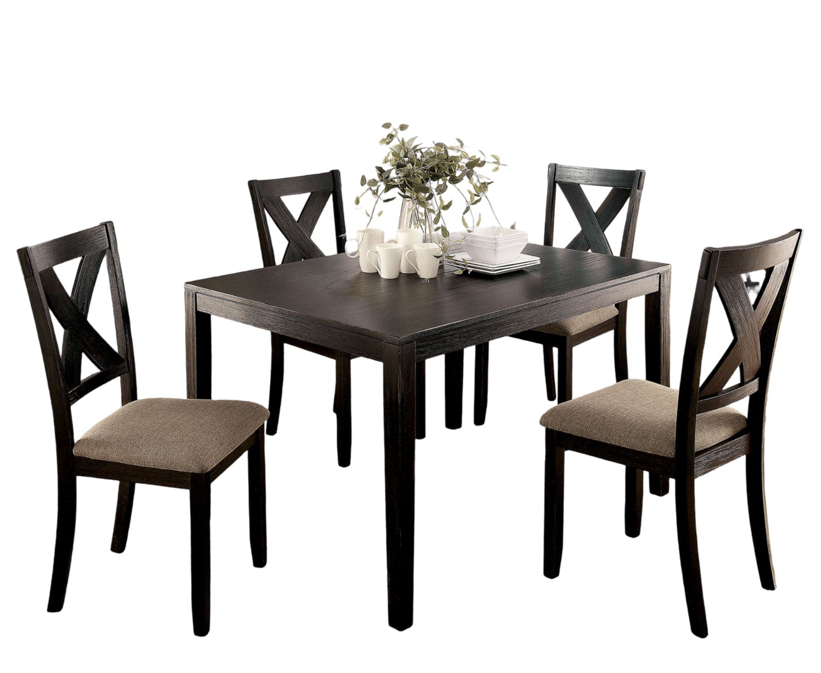 Brushed Black Solid Wood 5Pc Dining Set Table And 4X Chairs Brown Fabric Cushions Seats X Cross Back Design Chairs Dining Room Wood Black Brown Seats 4 Wood Dining Room 48 Inches Solid Wood Contemporary,Modern,Transitional 4 Leg Rectangular Rectangular