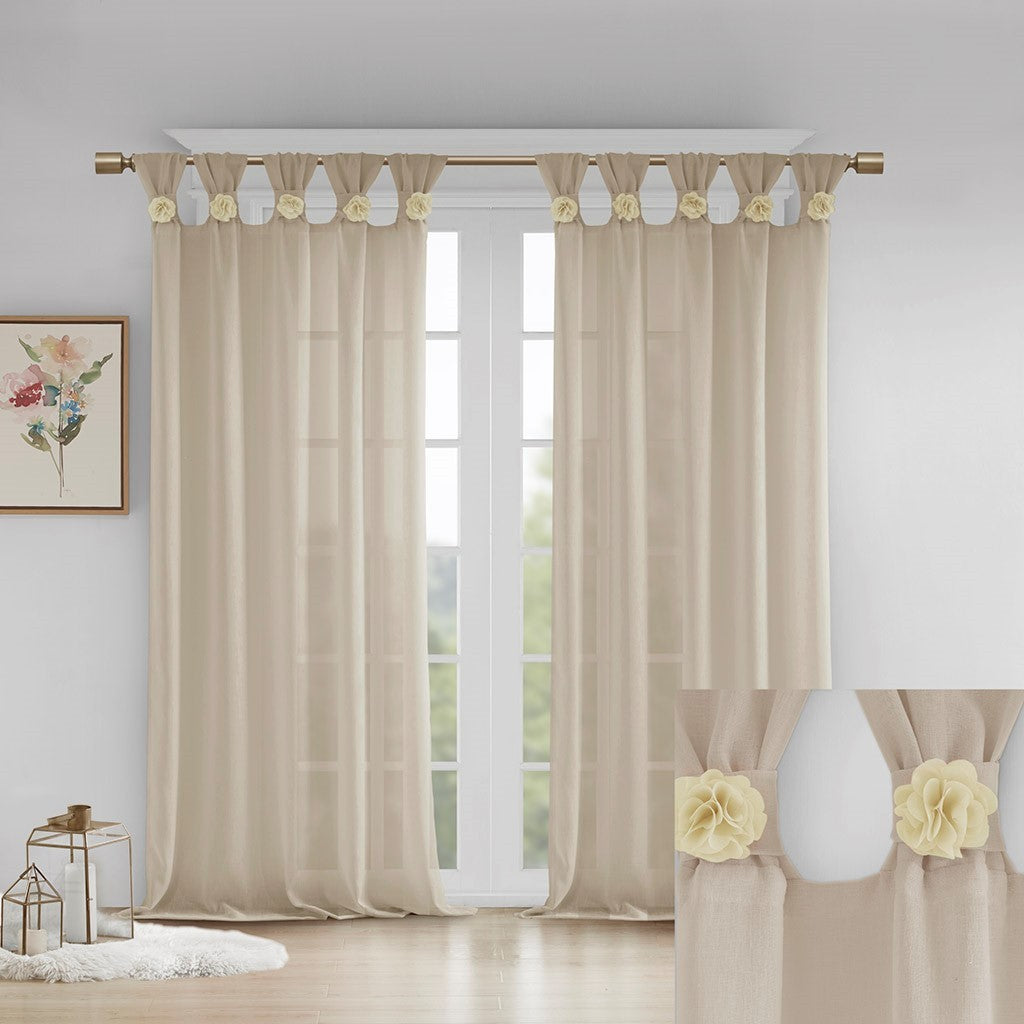 Floral Embellished Cuff Tab Top Solid Curtain Panel Only 1 Pc Panel Beige Linen