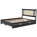 Queen Size Wooden Rattan Platform Bed, With 2 Big Drawers, T Size Trundle, Espresso Queen Espresso Plywood
