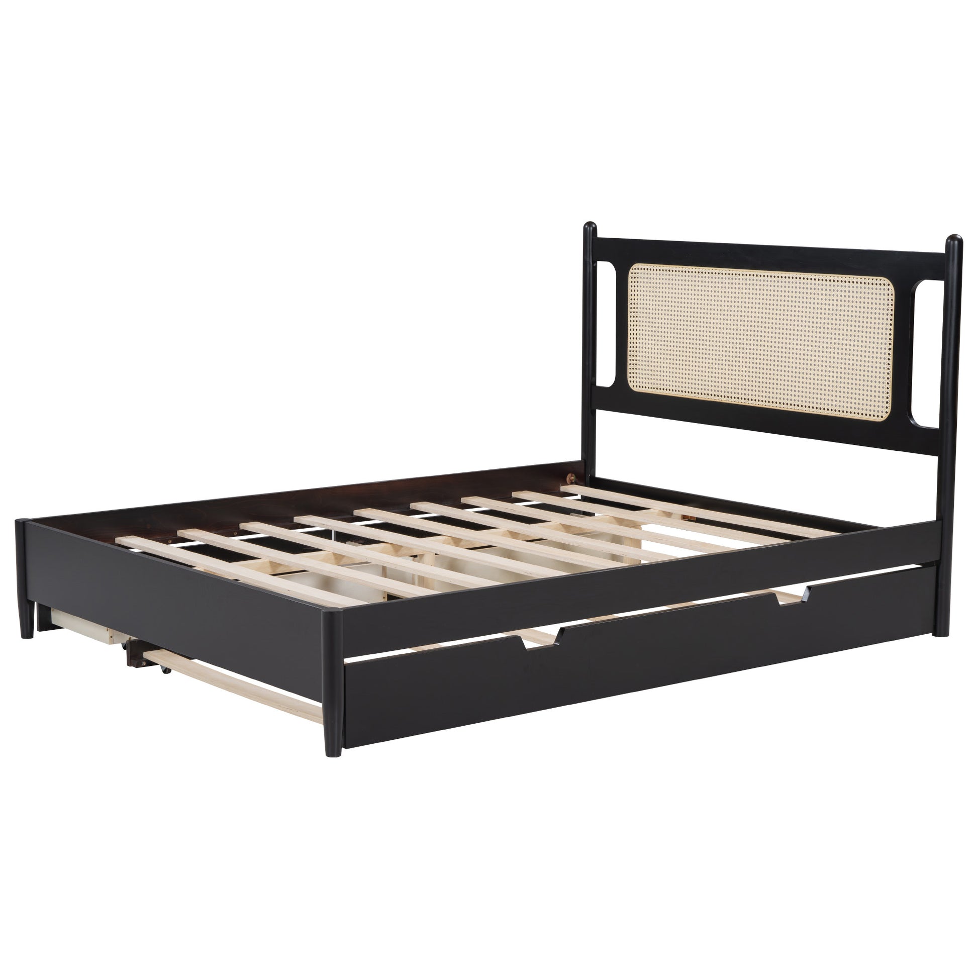 Queen Size Wooden Rattan Platform Bed, With 2 Big Drawers, T Size Trundle, Espresso Queen Espresso Plywood