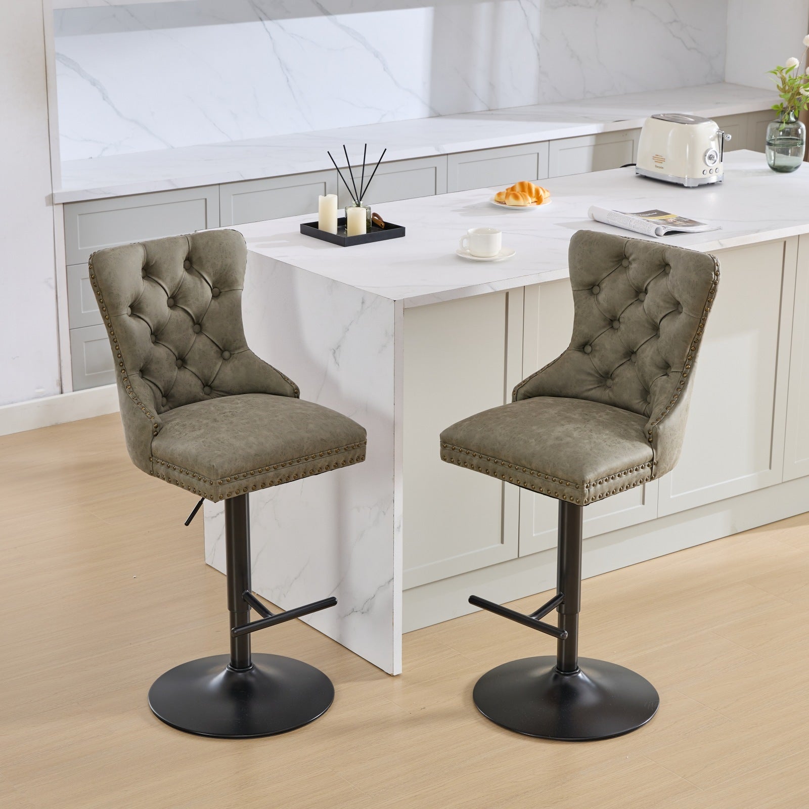 Aged And Retro Pu Swivel Barstools Adjusatble Seat Height From 25 33 Inch, Modern Bar Stools With Backs Comfortable Tufted For Home Pub And Kitchen Island Olive Green,Set Of 2 Olive Green American Design Bar Stools Set Of 2 Foam Pu Leather