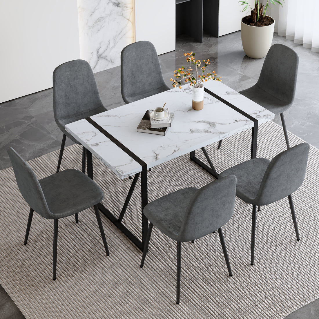 Table And Chair Set.A Modern Minimalist White Marble Veined Mdf Dining Table With Metal Frame.Paired With 6 Dark Gray Dining Chairs With Fabric Cushion And Black Metal Legs. Dark Gray,White Seats 6