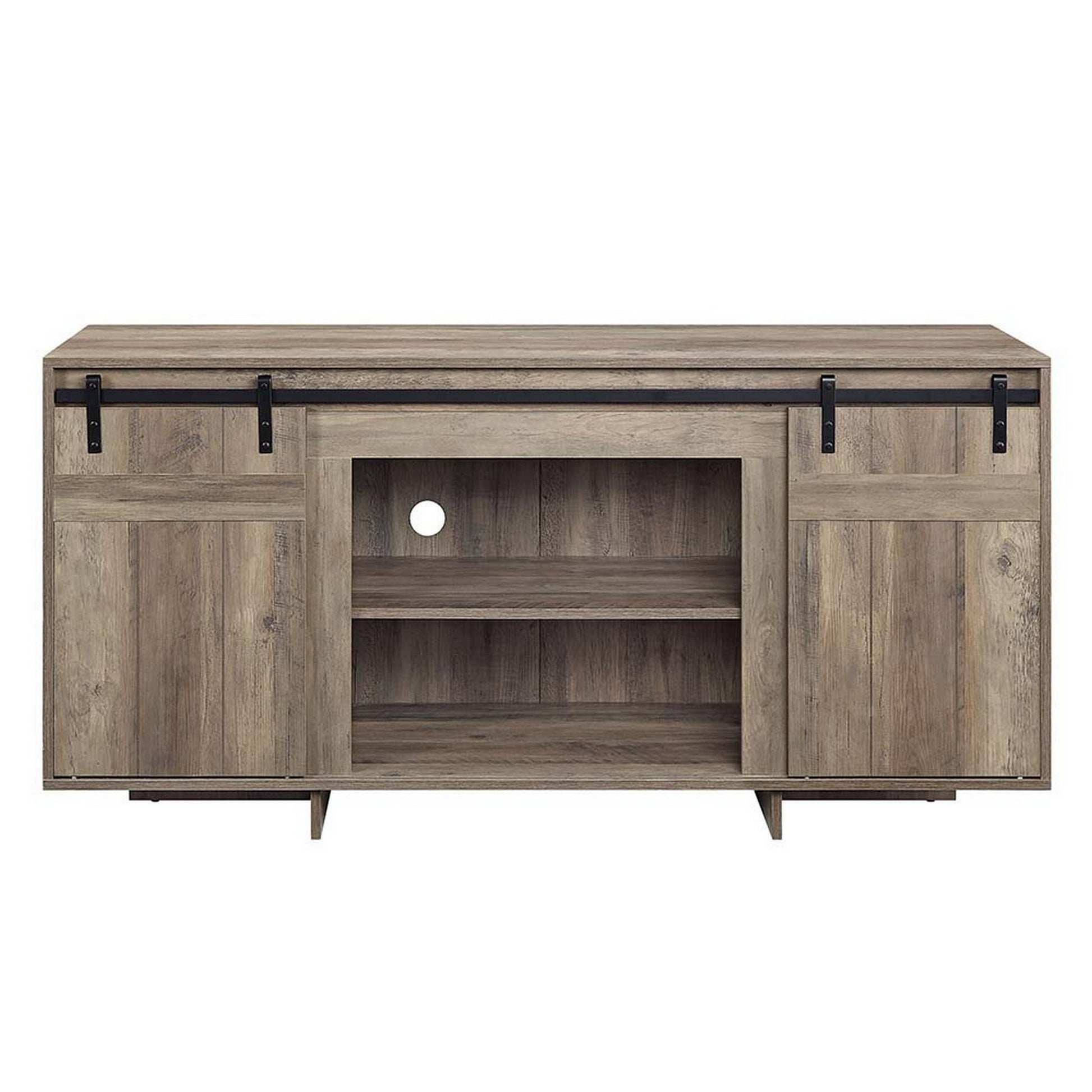 Rick 60 Inch Tv Media Entertainment Console, 2 Farmhouse Barn Doors, Gray Gray 60 69 Inches Metal