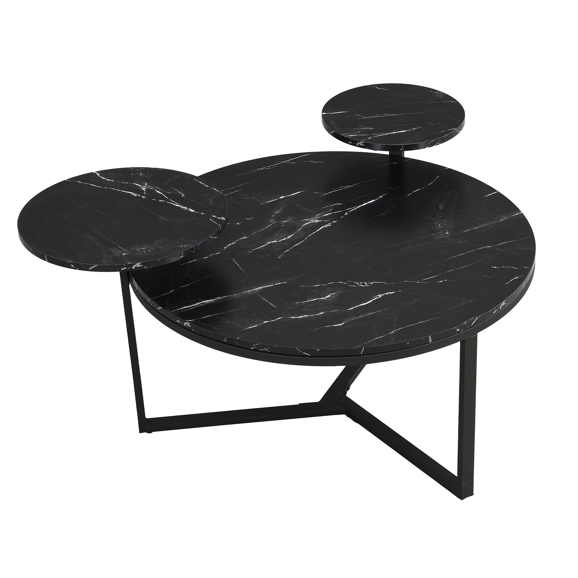 Modern Coffee Table With Two Display Shelves, Black Faux Marble Surfaces, Tripod Inspired Base,Rounded Tabletop Edges Matte Black Mdf