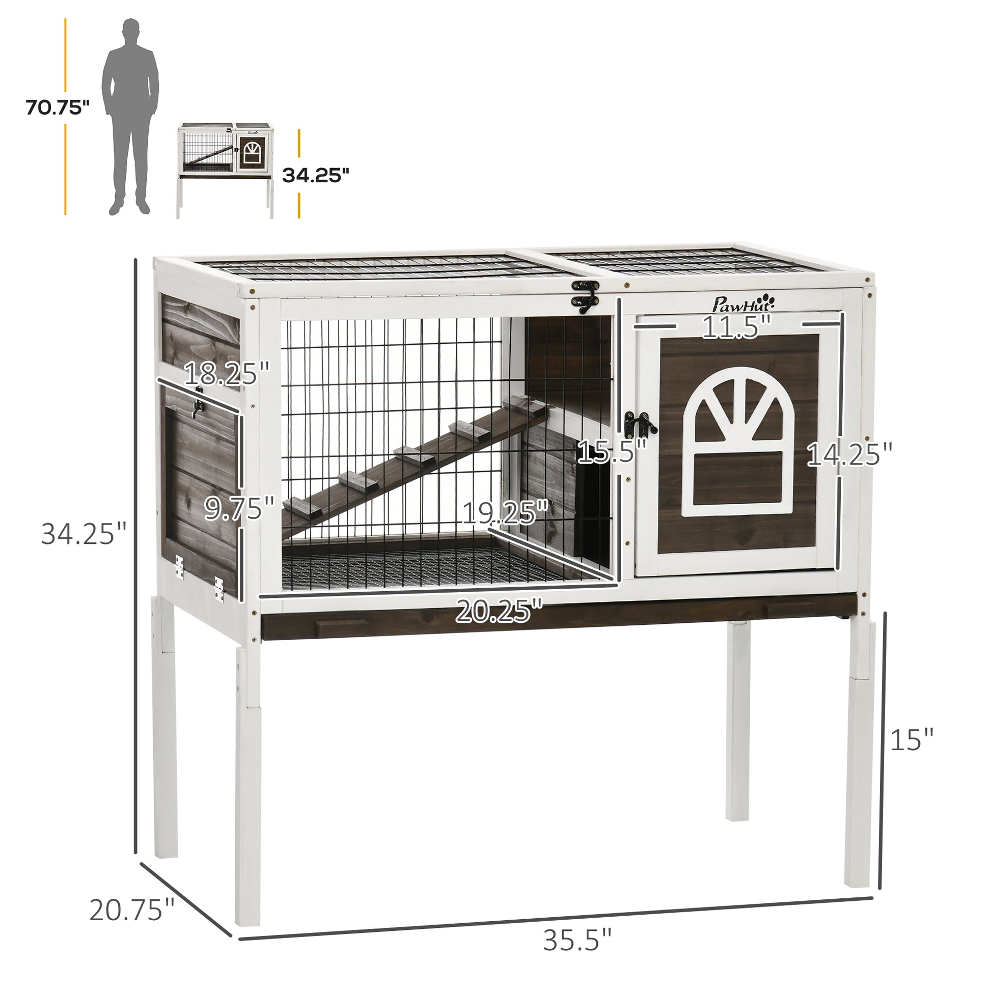 Pawhut Wooden Rabbit Hutch, Indoor Elevated Guinea Pig Cage With Run, Ladder, Lockable Doors And Removable Tray, Coffee Brown Wood