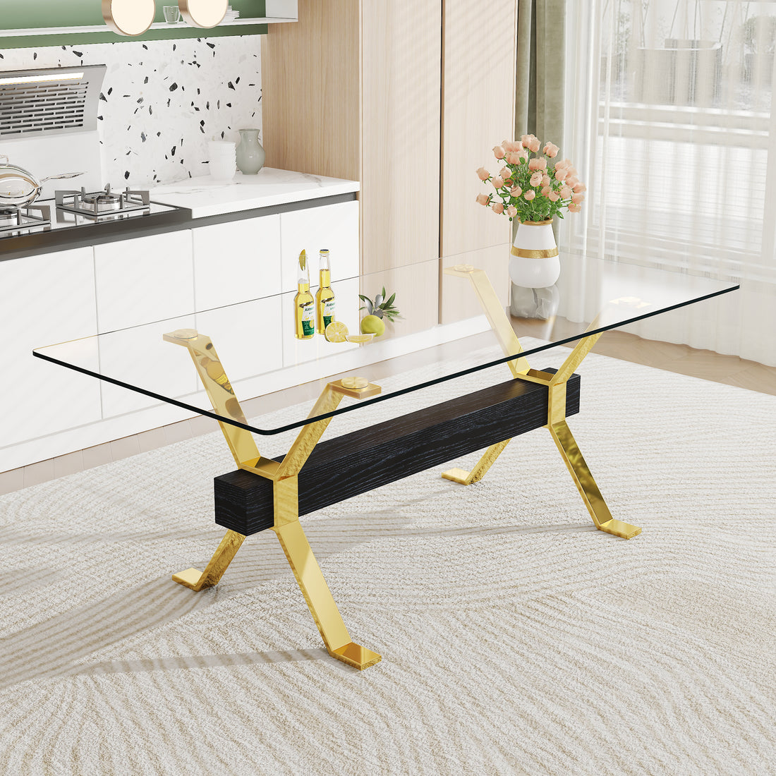 Dining Table. Modern Tempered Glass Dining Table. Large Modern Office Desk With Gold Metal Legs And Mdf Crossbars, Suitable For Home And Office Use. Kitchen .71 ''X35.4''X30 '' 1105 Transparent Glass