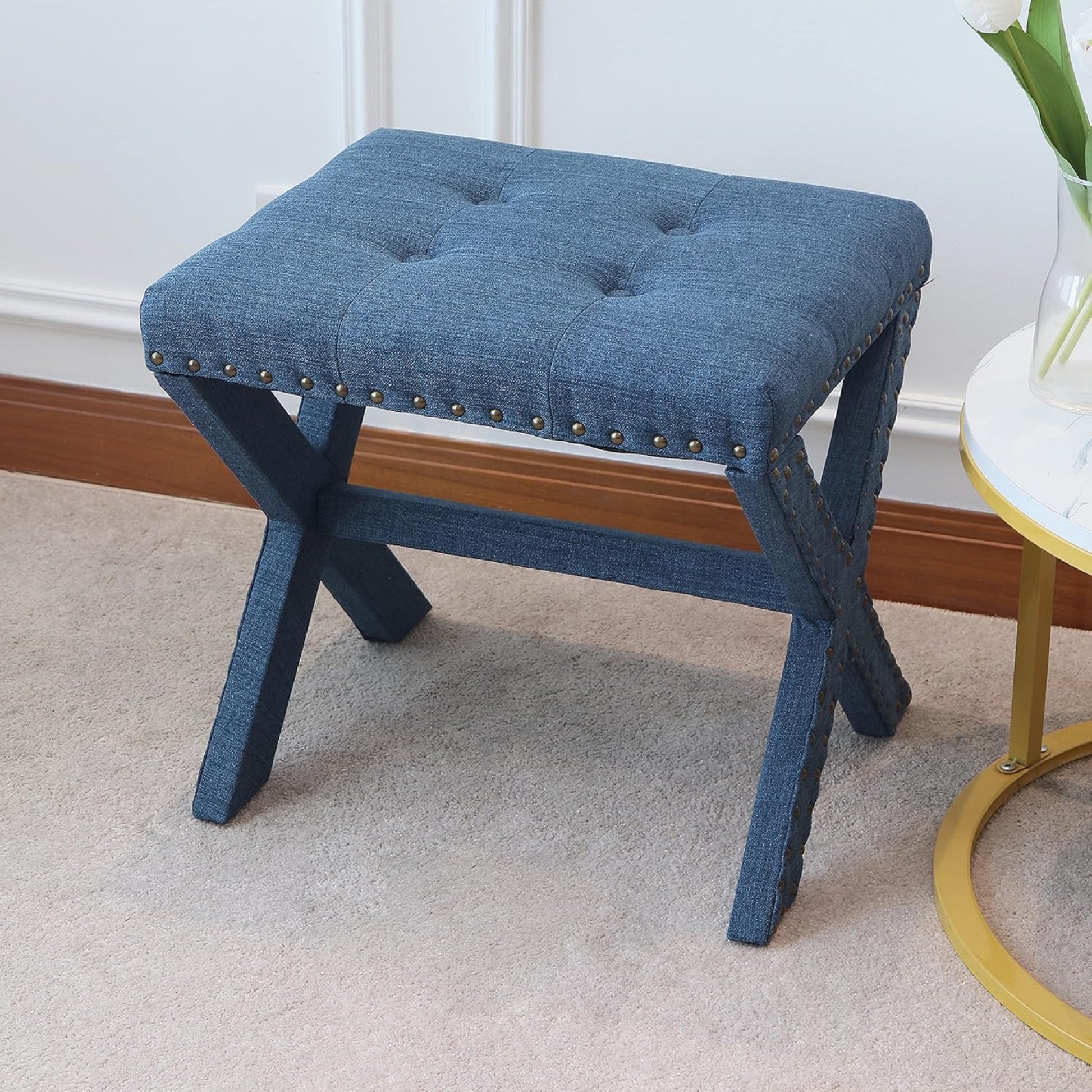 Set Of 2 Silver Modern Chic Vanity Stool Upholstered Chair Soft Linen Fabric Trim Tufted Seat And Solid Wood Frame Blue Blue Vanity Stools Polyester Bedroom Rectangular Blue Traditional Nailheads Wood