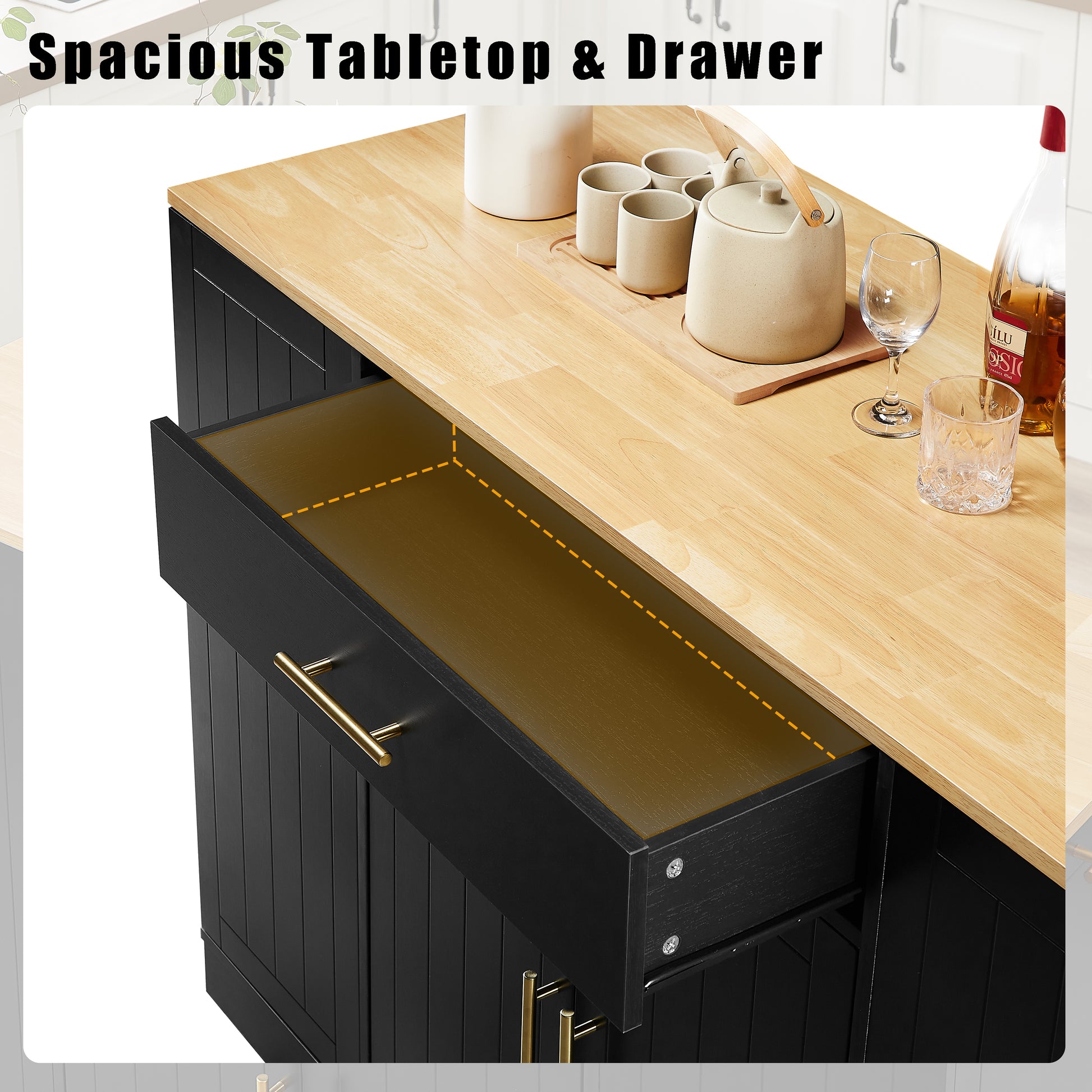 53 Inch Large Kitchen Island With Trash Can Storage Cabinet, Islands Table With Drawer And Adjustable Shelves, Breakfast Bar Cabinet For 13 Gallon Garbage Bin, Black & Oak Black Particle Board