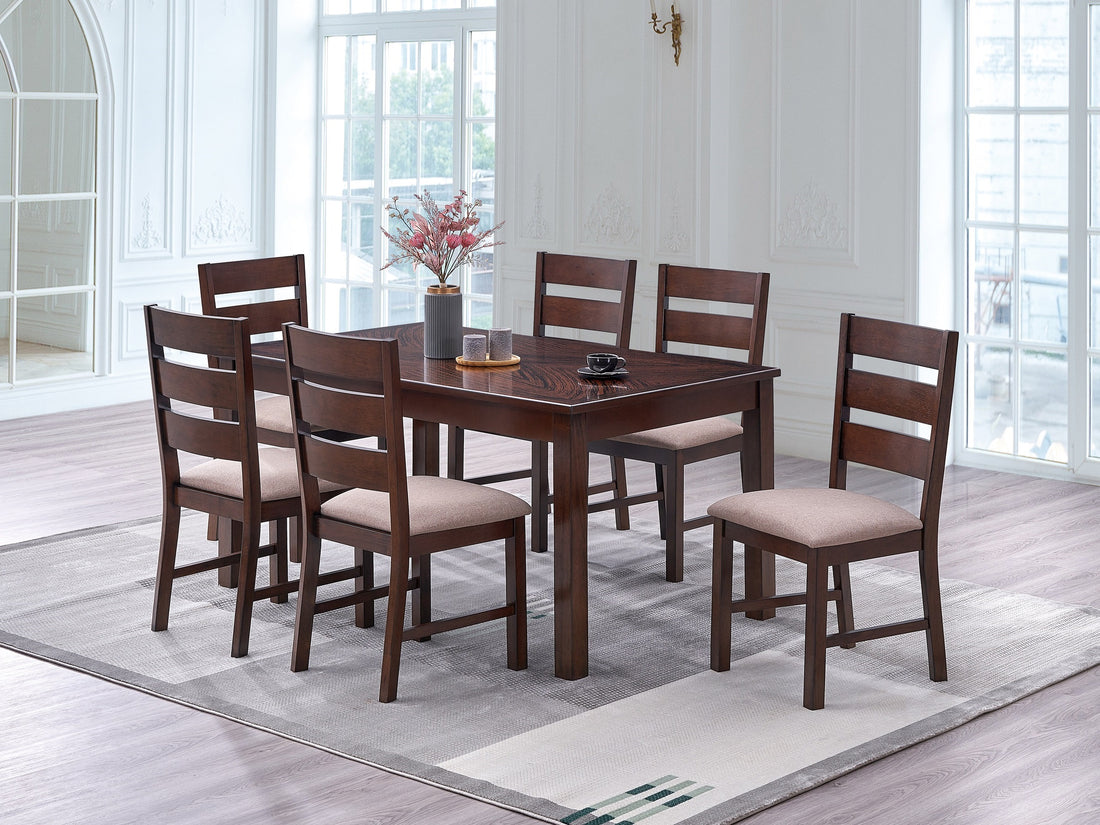 Contemporary Antique Cherry 7Pc Dining Set Table And 6X Side Chairs Melamine Table Top Fabric Cushion Seats Chairs Solid Wood Dining Room Furniture Upholstered Chair Wood Cherry Ladder Back Seats 6 Dining Room Solid Wood Classic,Contemporary,Modern