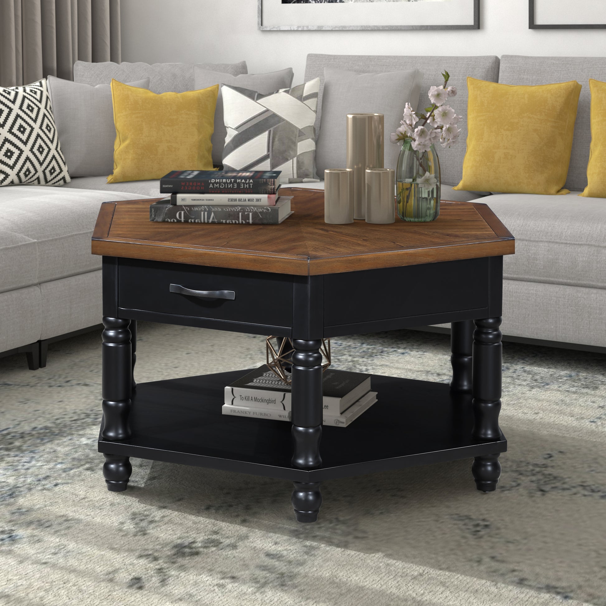 2 Tier Retro Hexagon Living Room Solid Wood Coffee Table With Shelf & Drawer, 36'' Mid Century Center Coffee Table For Living Room, Office. Black And Cherry Top Black Pine