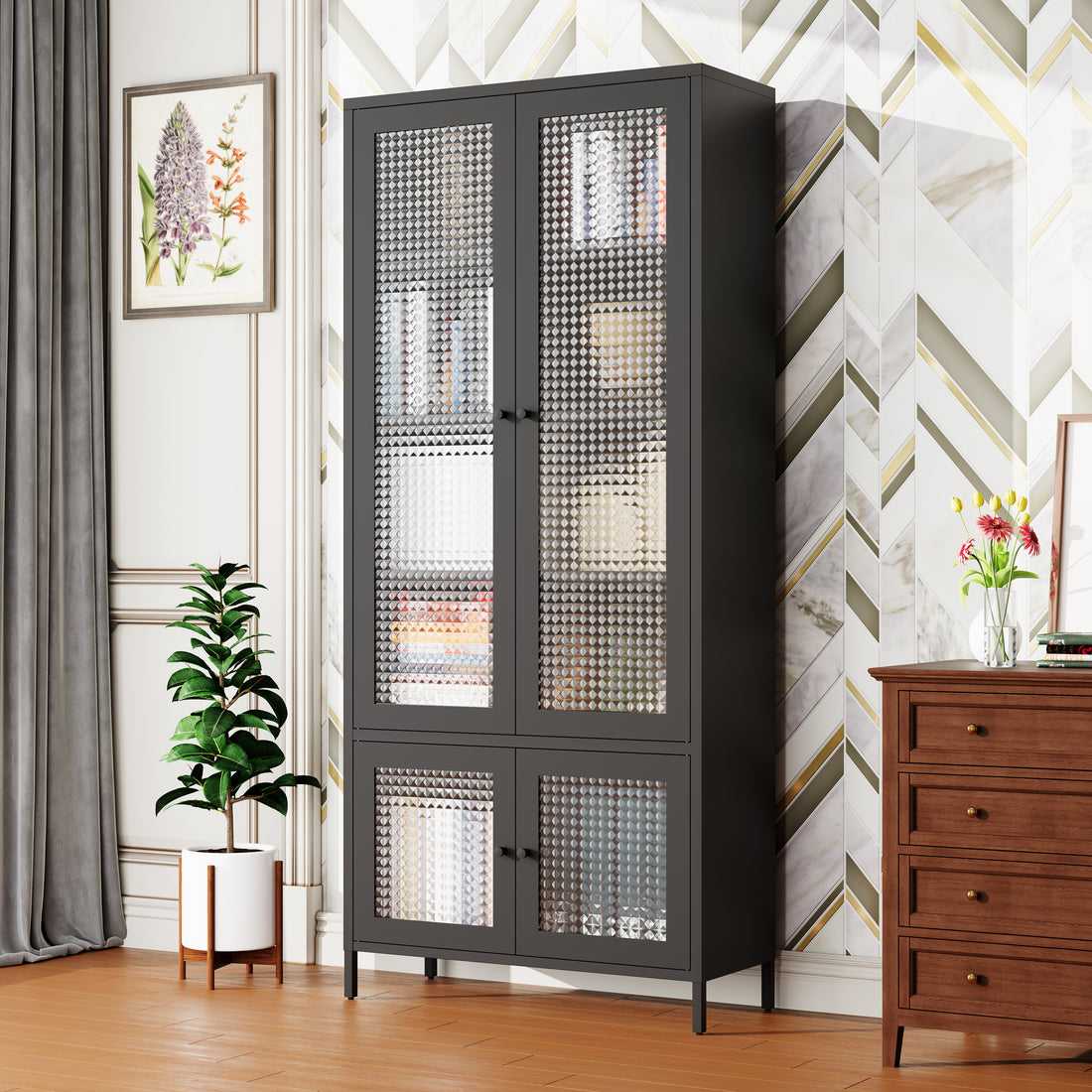 Large Metal Storage Cabinet Display Cabinet With 4 Glass Doors 5 Shelves Side Cabinet Bookcase Freestanding Cabinet For Bedroom Living Room Pantry Home Office Black, Waffle Grids Tempered Glass Freestanding 5 Or More Spaces Black Office Glass Doors