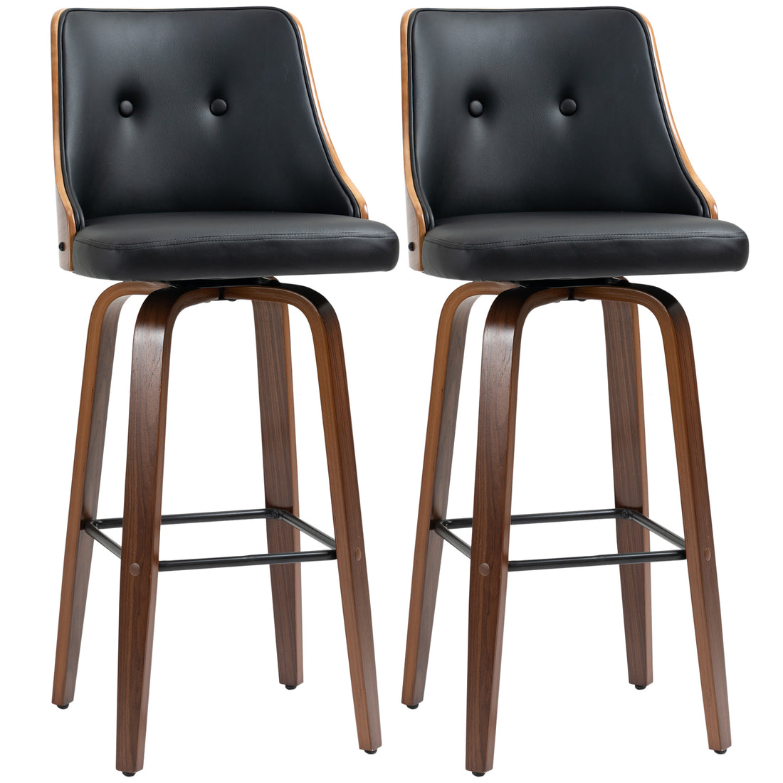 Homcom Bar Height Bar Stools, Pu Leather Swivel Barstools With Footrest And Tufted Back, Set Of 2, Black Black Wood