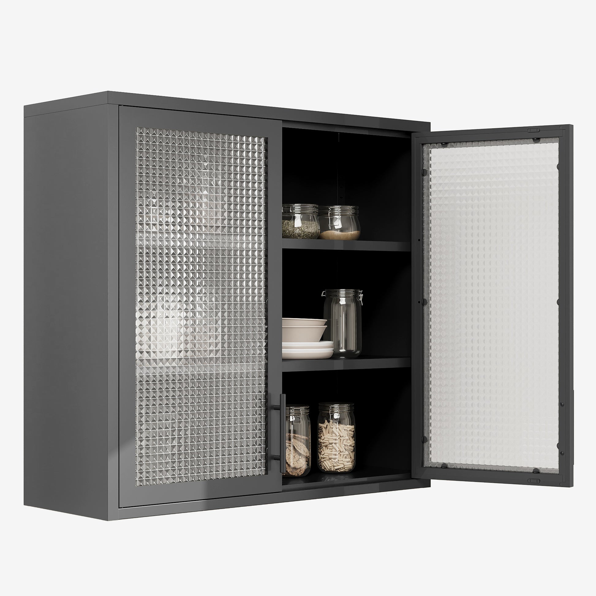 Retro Style Wall Mounted Cabinet Table Top Storage Cabinet With Hazy Glass Doors And 2 Adjustable Shelves For Bathroom Kitchen Living Room Kitchen Hallway Black Outdoor Paint, Waffle Grids Glass Square 3 4 Shelves Powder Coated Black Kitchen Glass Doors