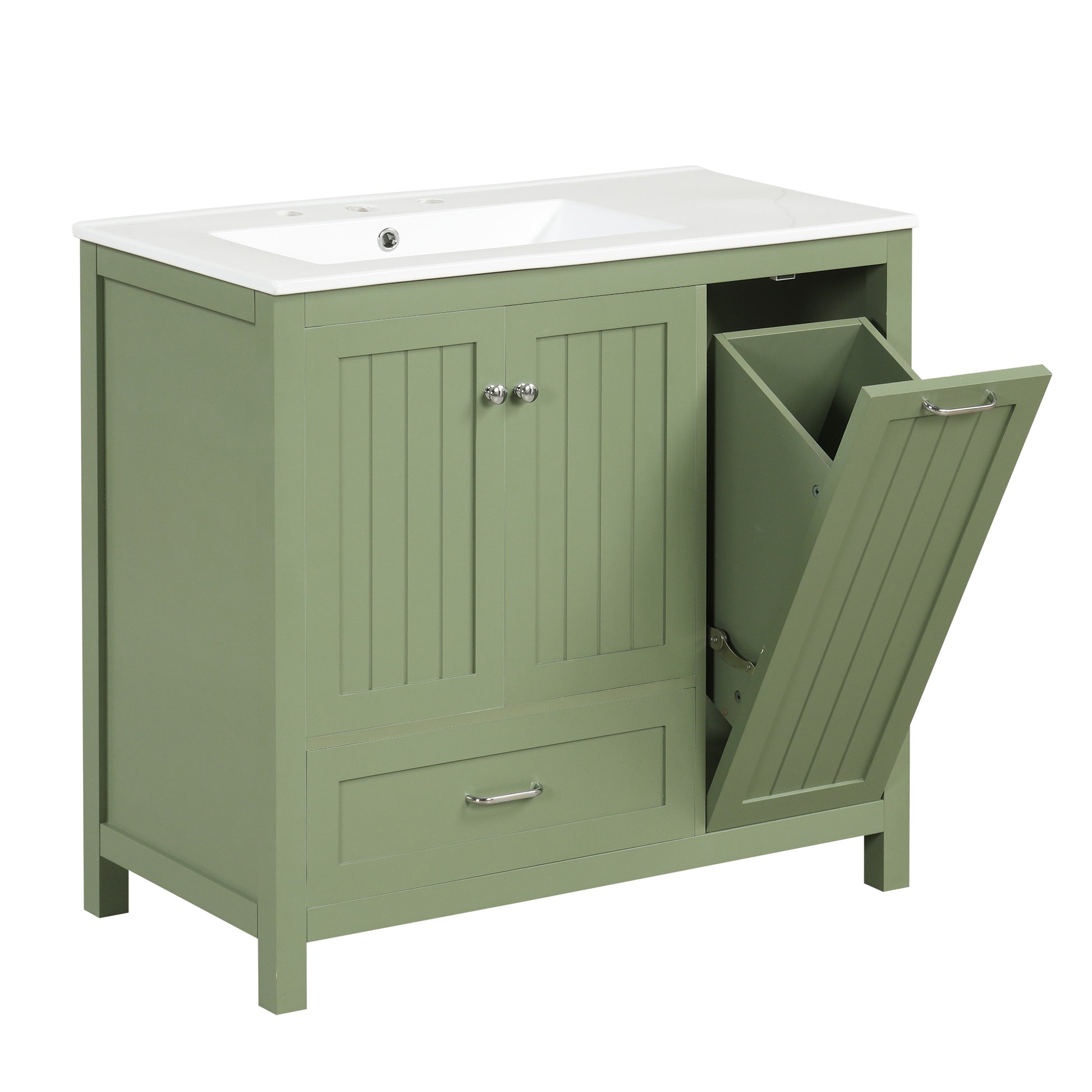 36" Bathroom Vanity With Sink, One Cabinet With Two Doors And One Big Drawer And One Flip Drawer, Solid Wood And Mdf Board, Green Green Solid Wood Mdf