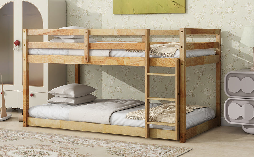 Solid Woodensolid Rubber Wooden Twin Over Twin Loft Bed With Ladder ,Upper And Bottom Bed Platforms Crafted With Strengthened Slats ,Natural Twin Natural Rubber Wood