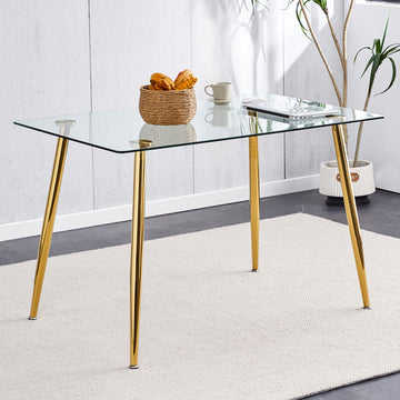 Modern Minimalist Rectangular Glass Dining Table For 4 6 With 0.31" Tempered Glass Tabletop And Golden Plating Metal Legs, Writing Table Desk, For Kitchen Dining Living Room, 51" *31"*30".F 1544 Golden Glass