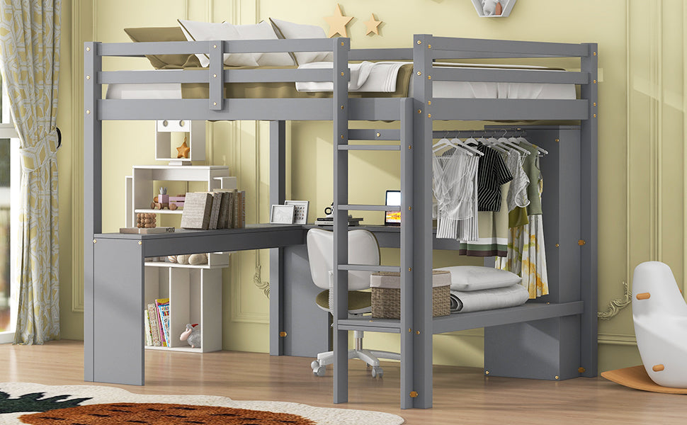 Full Size Loft Bed With L Shaped Desk, Wardrobe And Storage Shelves, Grey Expected Arrival Time: 8.31 Box Spring Not Required Full Grey Wood Bedroom Solid Wood Mdf