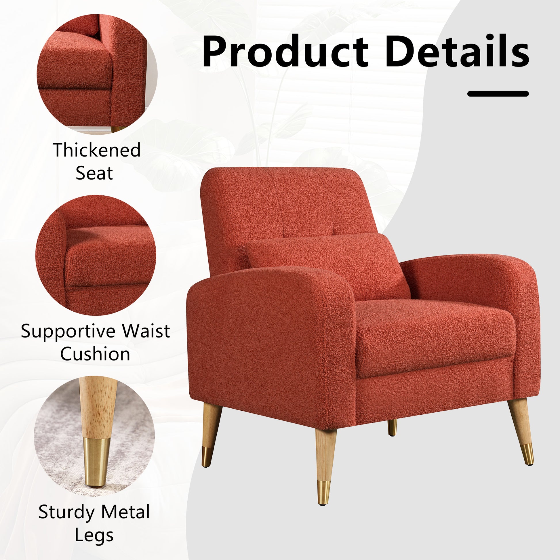 Mid Century Modern Accent Chair, Upholstered Armchair Living Room Chair, Comfy Single Sofa Chair With Metal Legs, Polyester Fabric Chair For Living Room Bedroom Red Sherpa