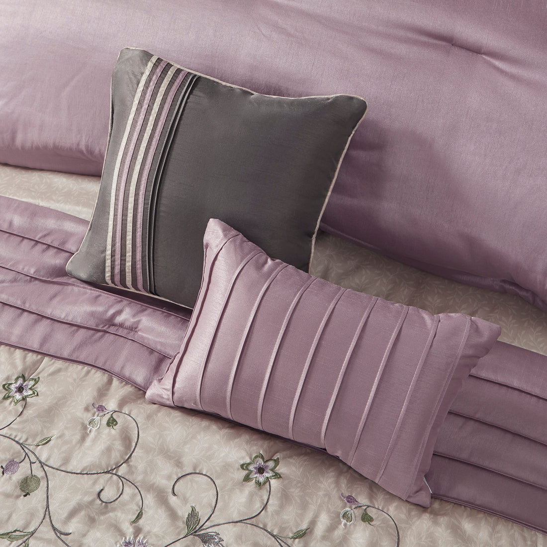 Embroidered 7 Piece Comforter Set Purple Queen Queen Purple Polyester