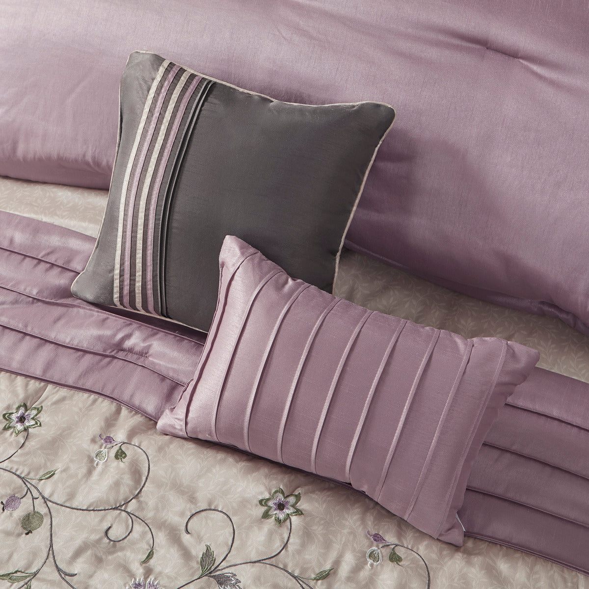 Embroidered 7 Piece Comforter Set Purple Queen Queen Purple Polyester