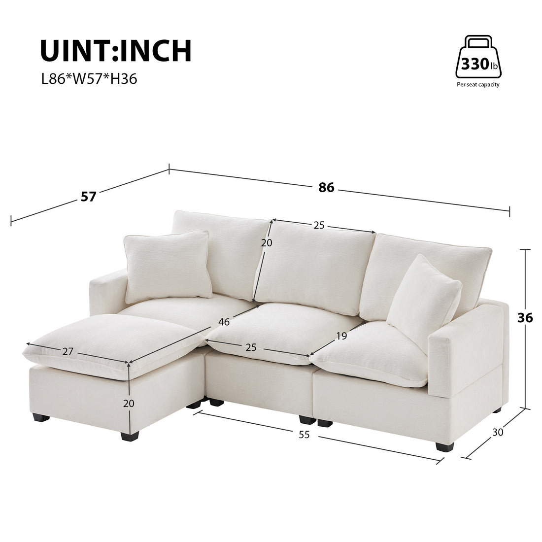 84*57" Modern Modular Sofa, 4 Seat Chenille Sectional Couch Set With 2 Pillows Included, Freely Combinable Indoor Funiture For Living Room, Apartment, Office, 2 Colors White Chenille 4 Seat