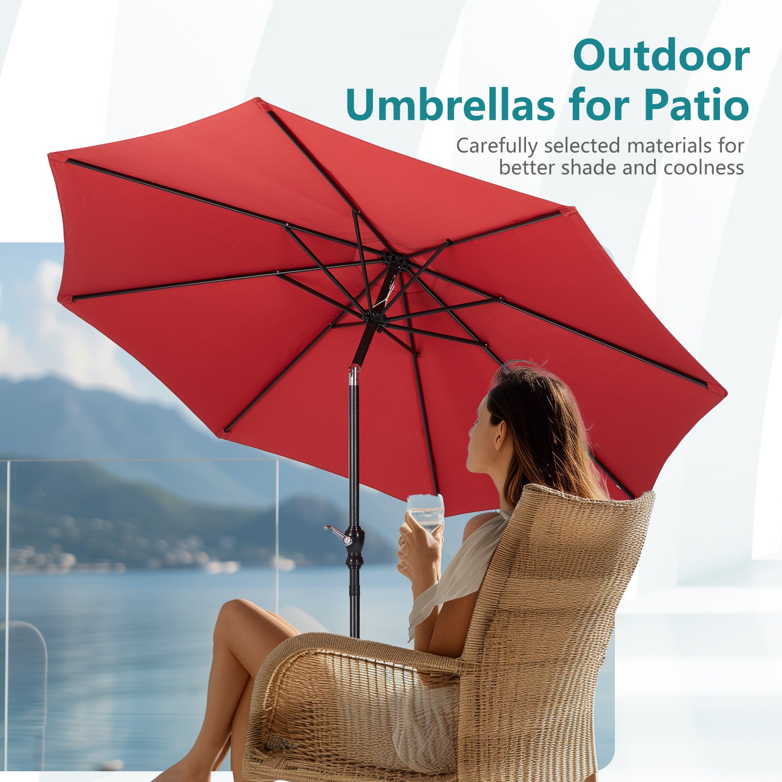 9 foot red patio umbrella 9 Foot Outdoor Patio Umbrella With Button Tilt And Crank, Outdoor Pati