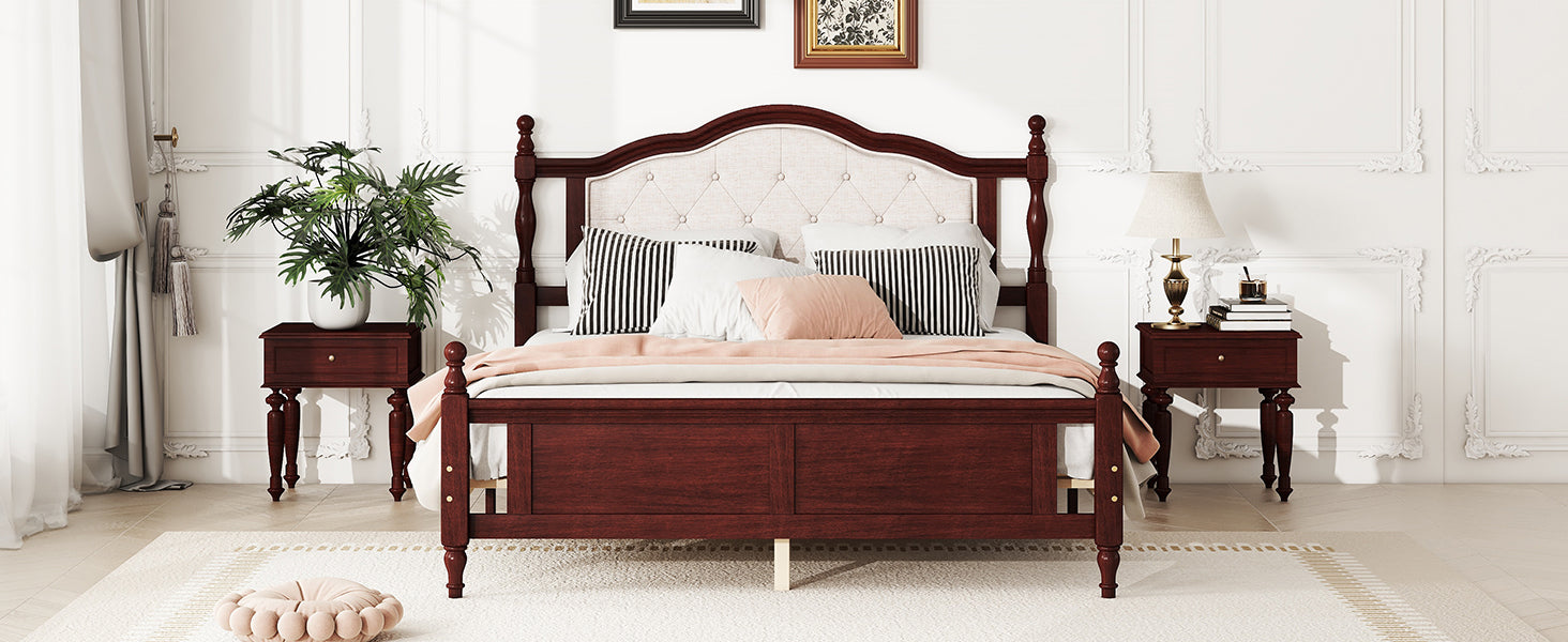 Queen Pine Wooden Bed With Upholstered Headboard And Panel Footboard, With Two Bed Rail Support Feet And Central Platform Support Feet ,Classic Cherry Queen Cherry Pine