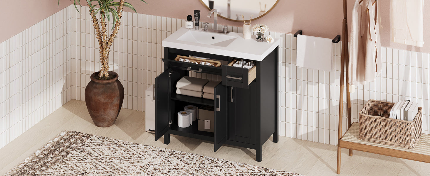 36" Black Bathroom Vanity Cabinet With Resin Integrated Sink 2 Drawers, 3 Doors Black Bathroom Solid Wood Mdf Resin