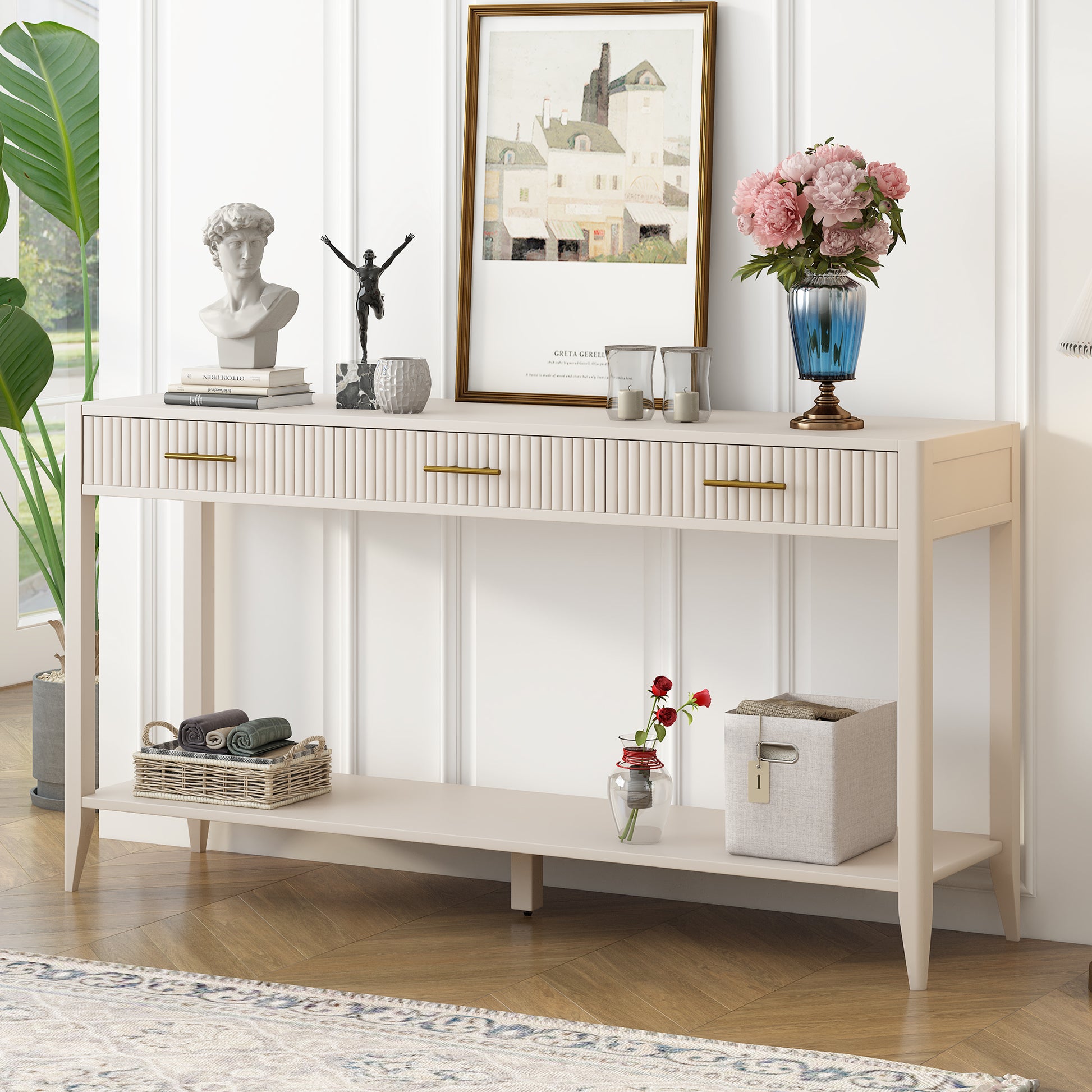 High Quality Entryway Console Table With Vertical Stripe Drawers, Long Legs,Suitable For Entryway, Hallway, Living Room, Foyer, Corridor White Primary Living Space American Design Mdf