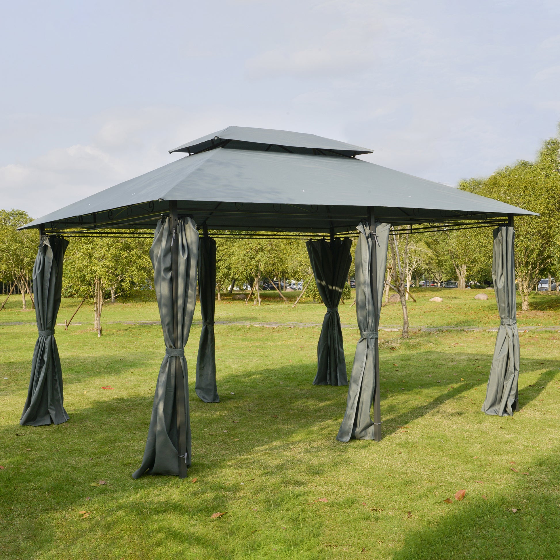 Outsunny 10' X 13' Patio Gazebo, Outdoor Gazebo Canopy Shelter With Curtains, Vented Roof, Steel Frame For Garden, Lawn, Backyard And Deck, Sage Gray Black Steel