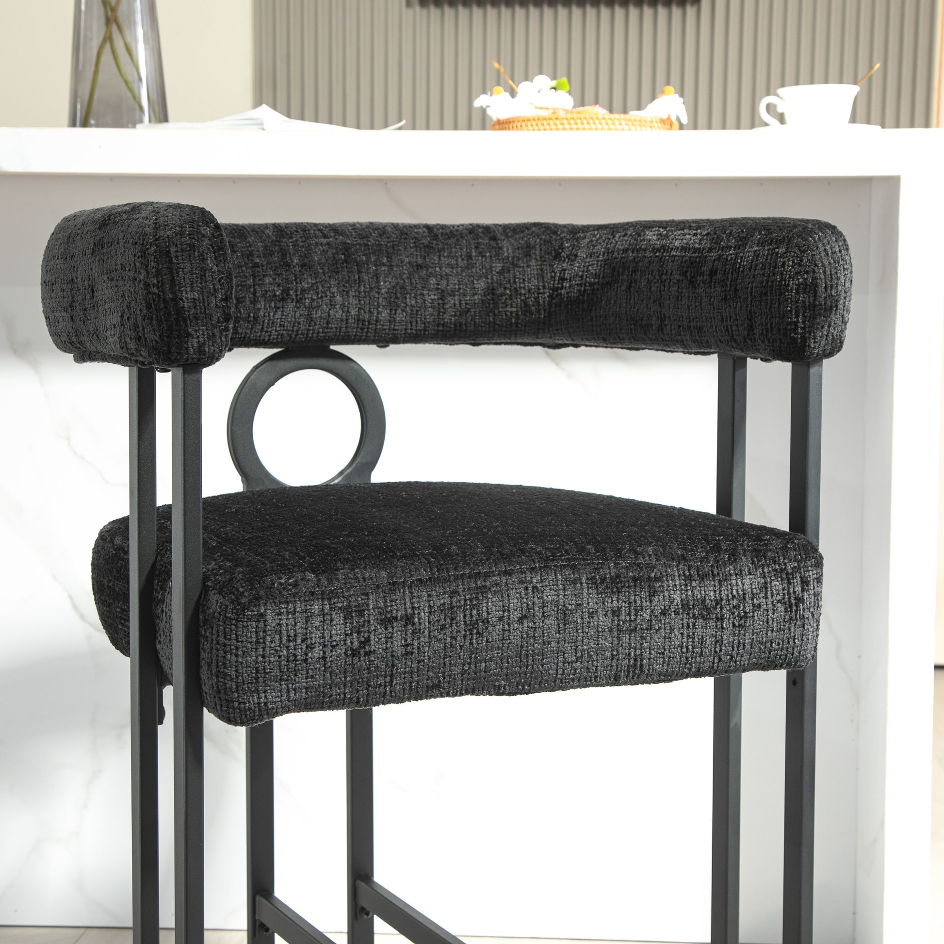 Coolmore Bar Stools Set Of 2, Modern Bar Stool With Back, Black Metal Frames, Upholstered Bar Stools For Kitchen Island, Pub, Club Black Chenille Black Dining Room Foam Chenille