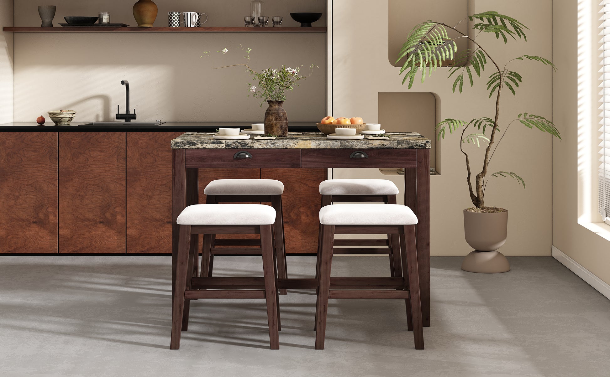 5 Piece Modern Faux Marble Versatile Bar Table Set With Storage Drawers And Padded Stools, Ideal For Space Saving Dining Nooks Or Small Kitchens Walnut Walnut Solid Wood Mdf