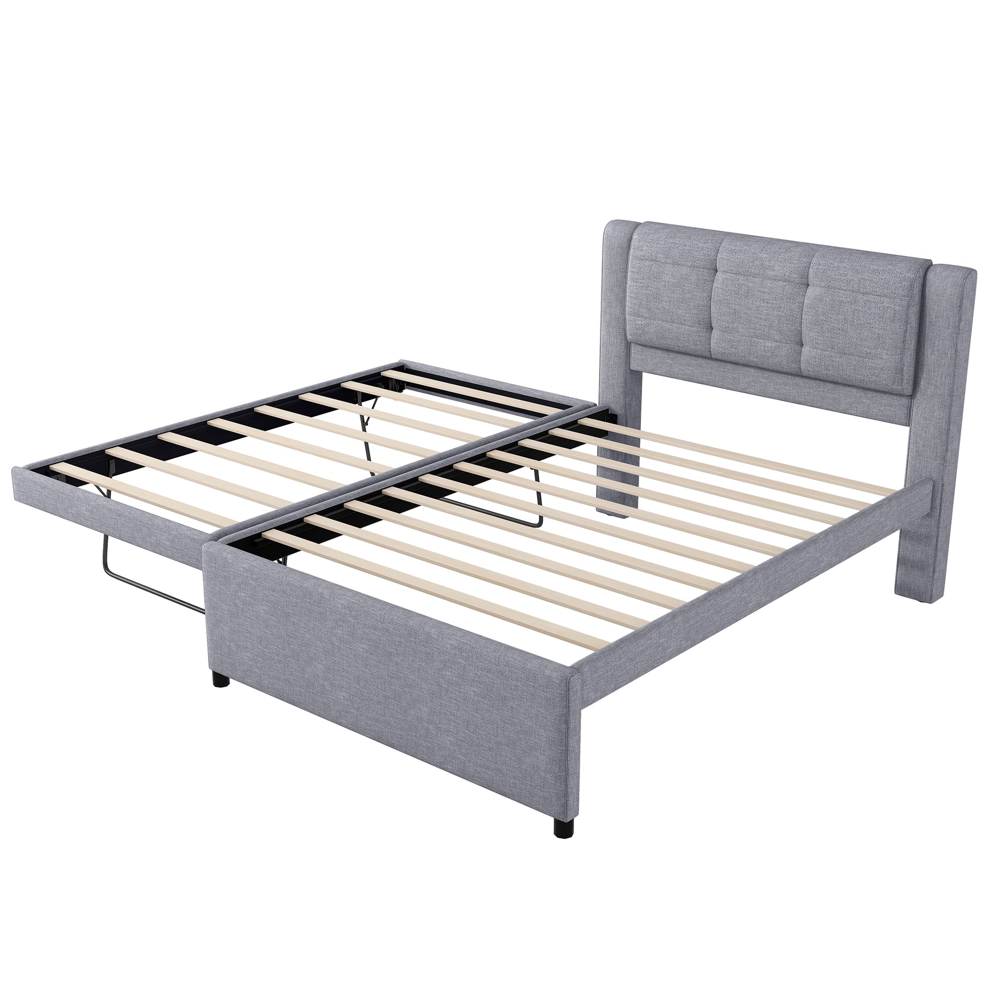 Full Size Upholstery Platform Bed With Trundle,Trundle Can Be Flat Or Erected, Gray Box Spring Not Required Full Gray Bedroom Linen Upholstered