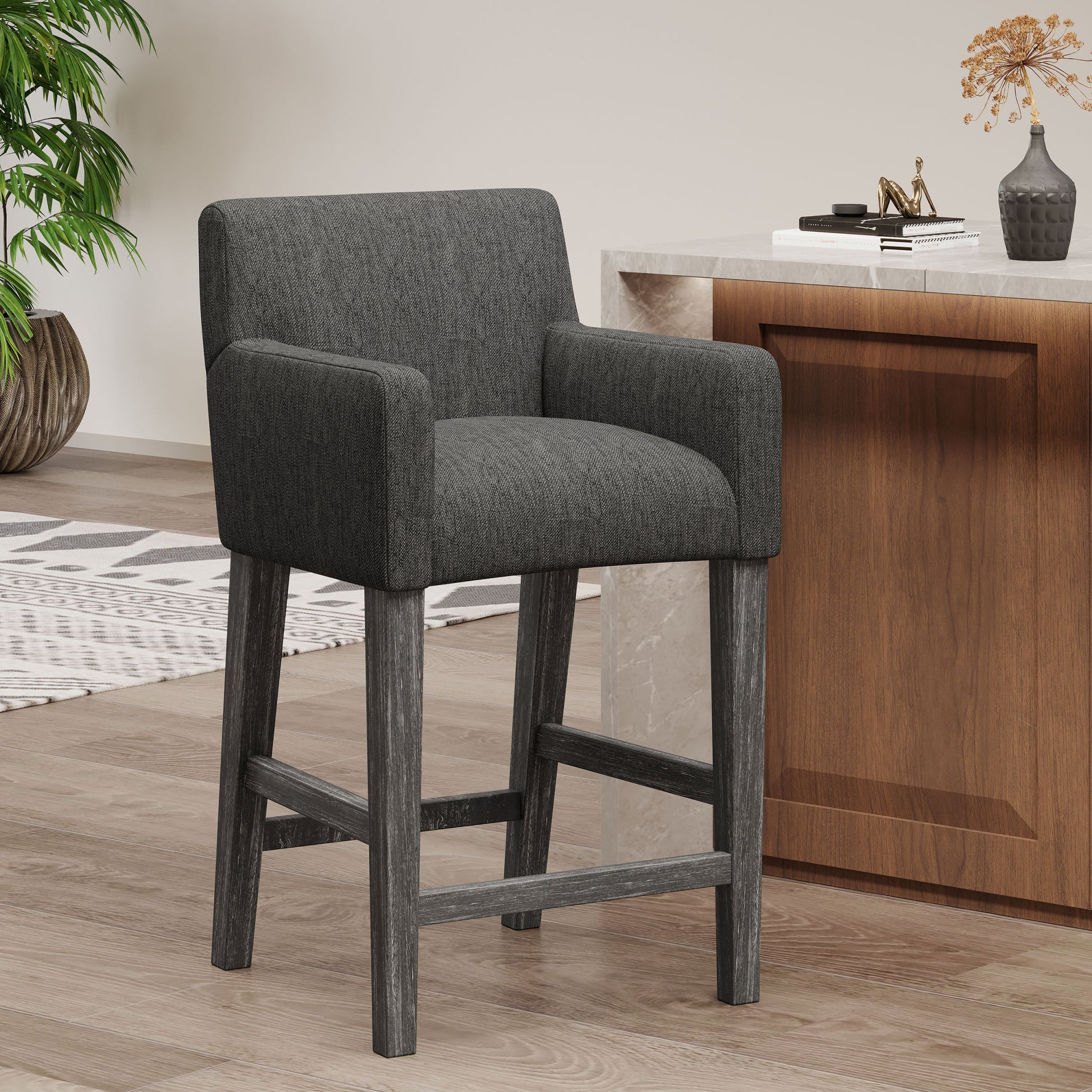 Upholstered 26 Inch Counter Stool Charcoal Gray Charcoal Fabric