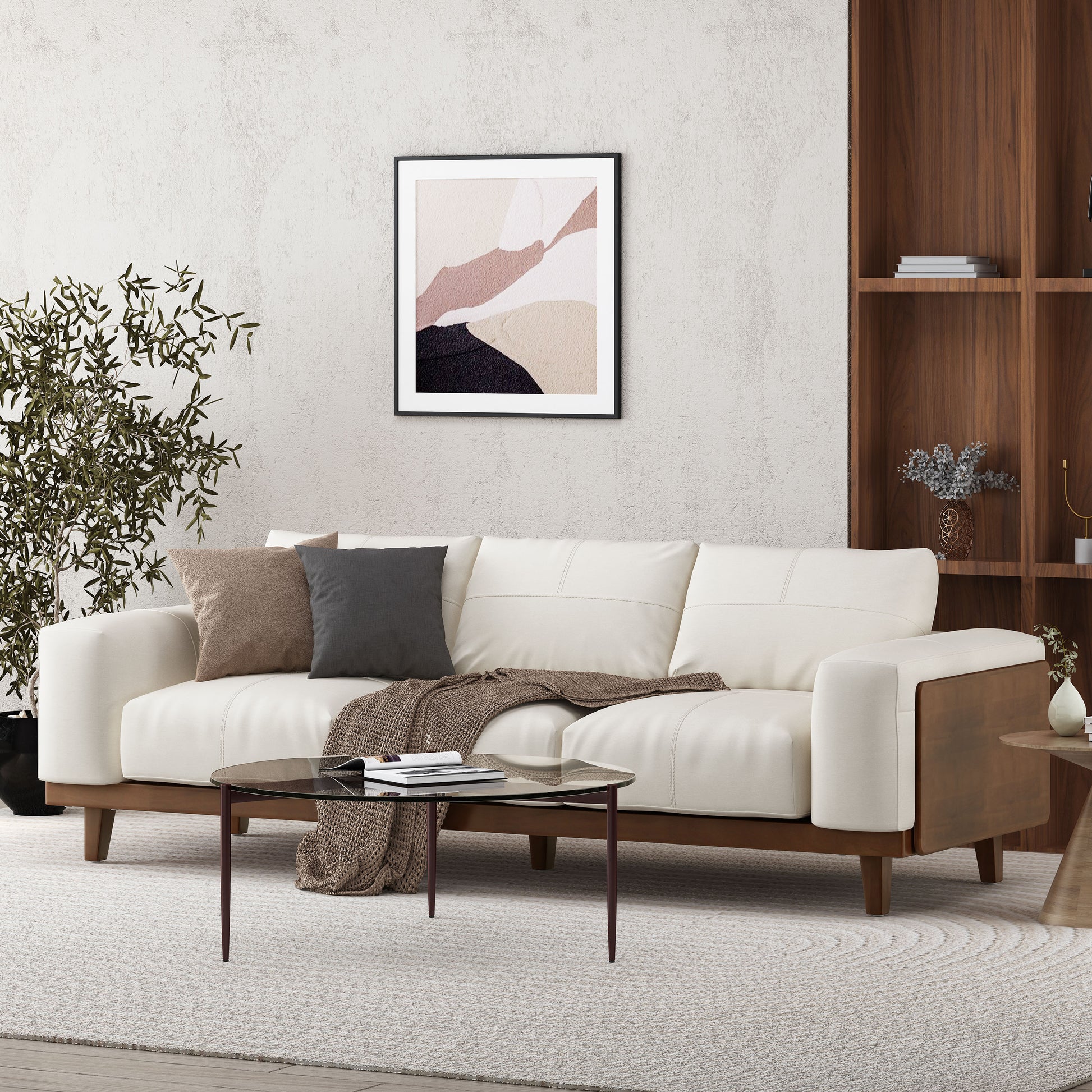 3 Seater Sofa Beige Wood 3 Seat