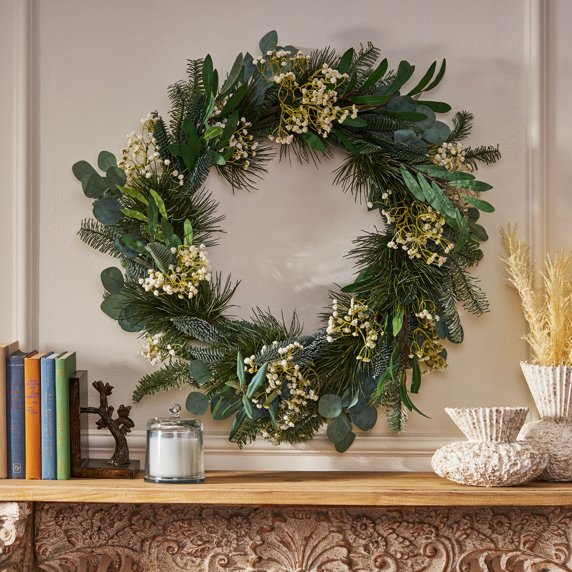 30In Eucalyptus Leaves, Pine Twigs, Stars Wreath White Green Rattan