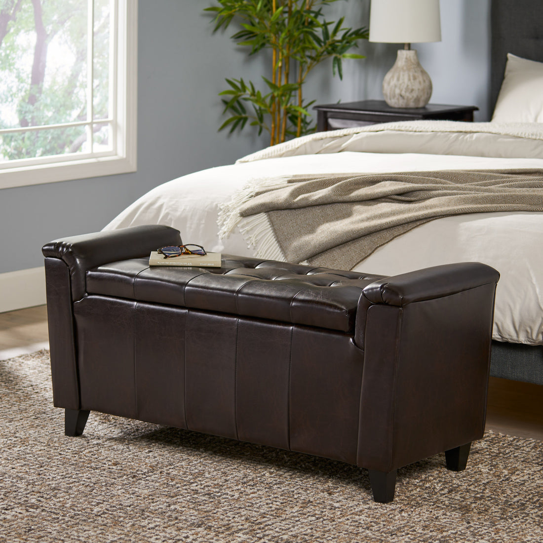 Alden Armed Storage Bench Brown Pu Leather